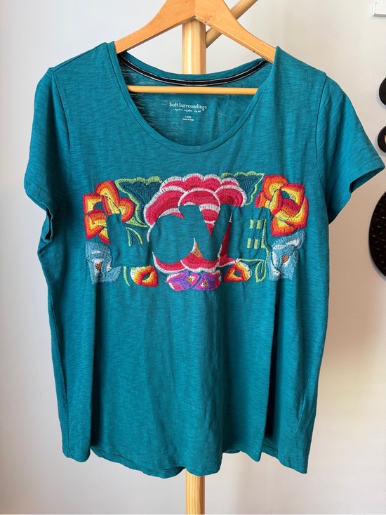 Soft Surroundings Tops - Soft Surroundings Teal Organic Cotton Shirt Floral Embroidered Size Large Top